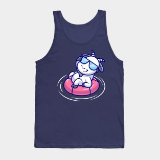 Cute Goat Chill On Swimming Pool With Glasses Cartoon Tank Top